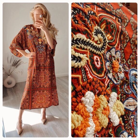 Zara Kaftan Dress Printed Embroidered Beaded New - Picture 1 of 5